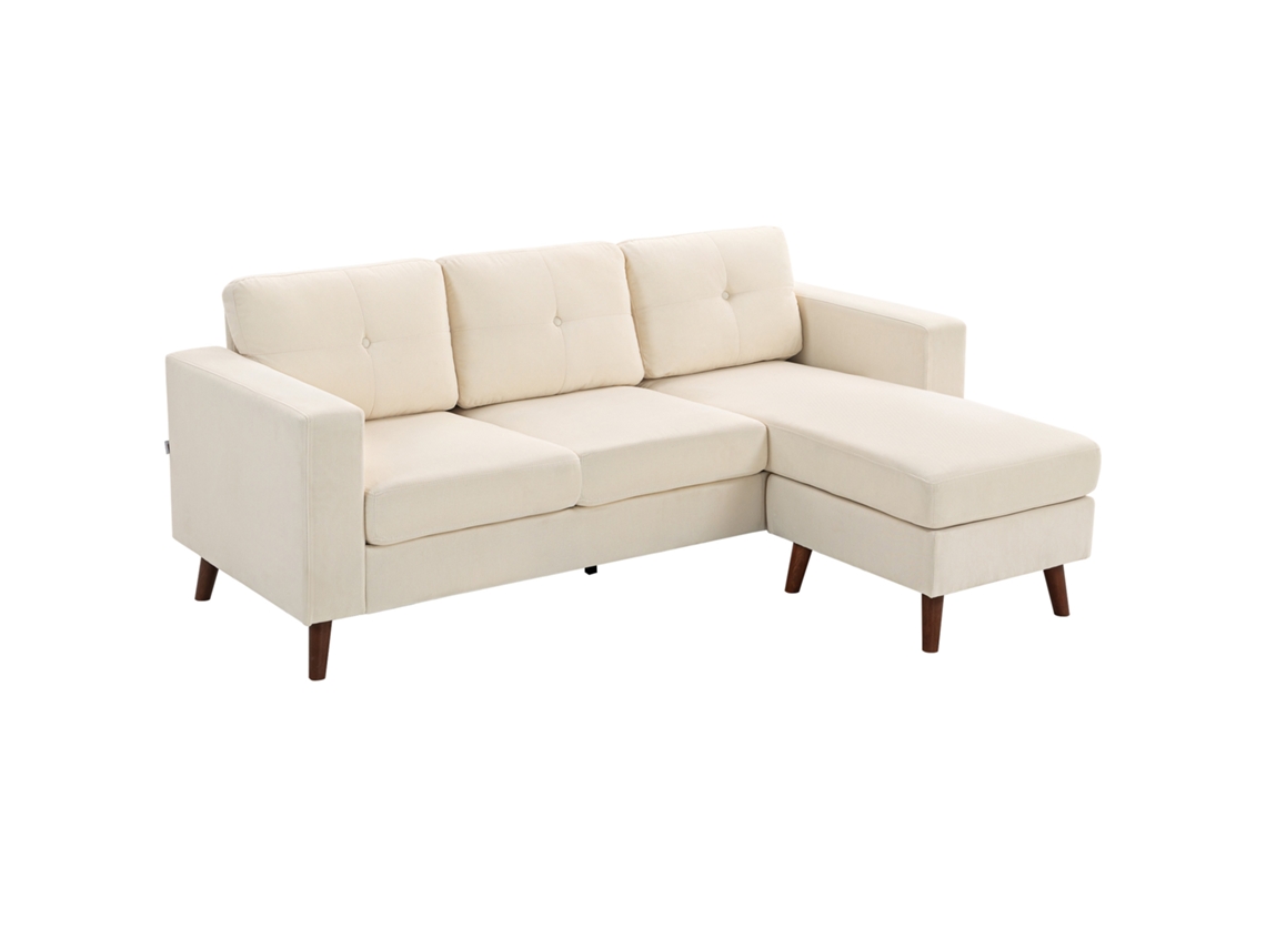 Sofá De L 3 Lugares Com Chaise Longue Reversível. Olha Veludo Cotelê. Para Espaço Pequeno. Branco Canto 192 Cm Em Forma