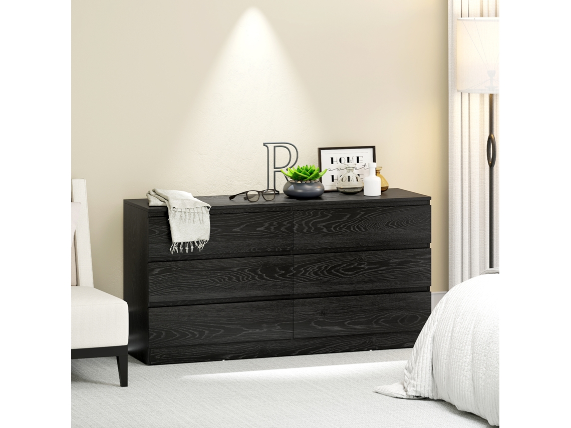 Cômoda Moderna Preta com Efeito Madeira, 6 Gavetas, 140x40x71 Cm