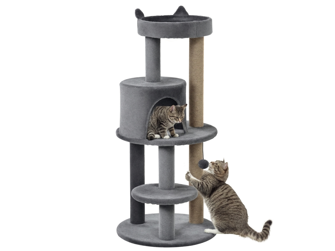 Árvore Arranhador para Gatos com Plataforma Caverna Postes de Sisal e Bola Suspensa 48x48x104 Cm Cinza ESSÊNCIACASA