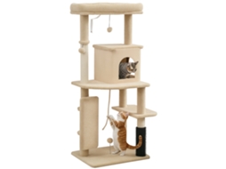 Árvore para Gatos de Vários Níveis, 132 Cm, com Casinha, Cama, Postes para Arranhar, Escova e Bola, Bege. ESSÊNCIACASA