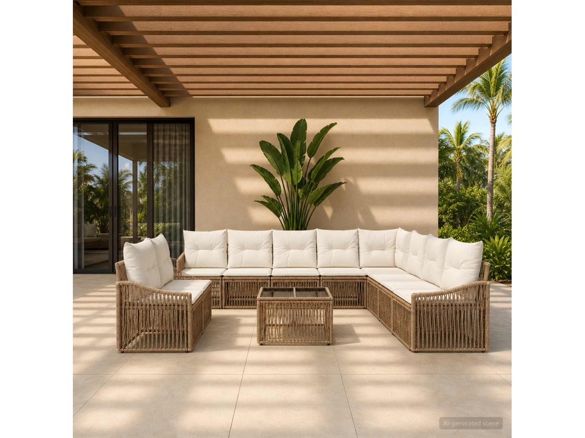 Vidaxl Conjunto De Sofá De Jardim 11 Unid. Bege Vime Pe