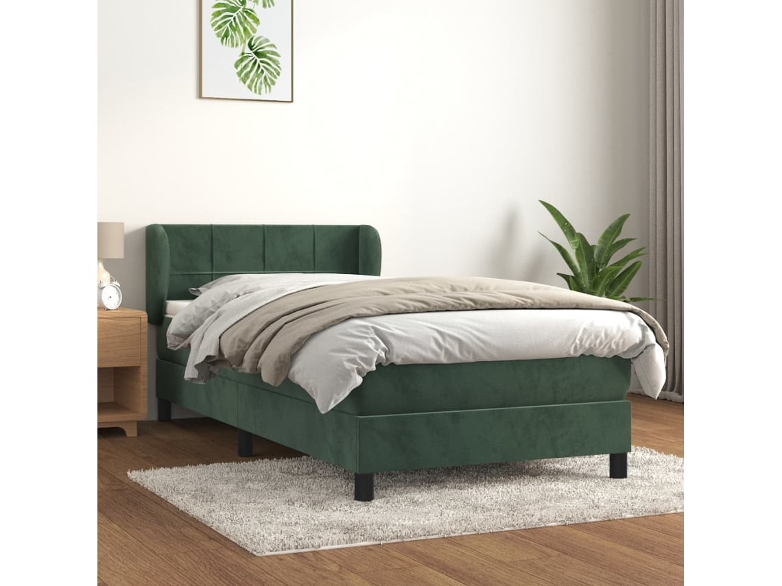 Cama Com Molas/colchão 90x200 Cm Veludo Verde-escuro Wsd301327