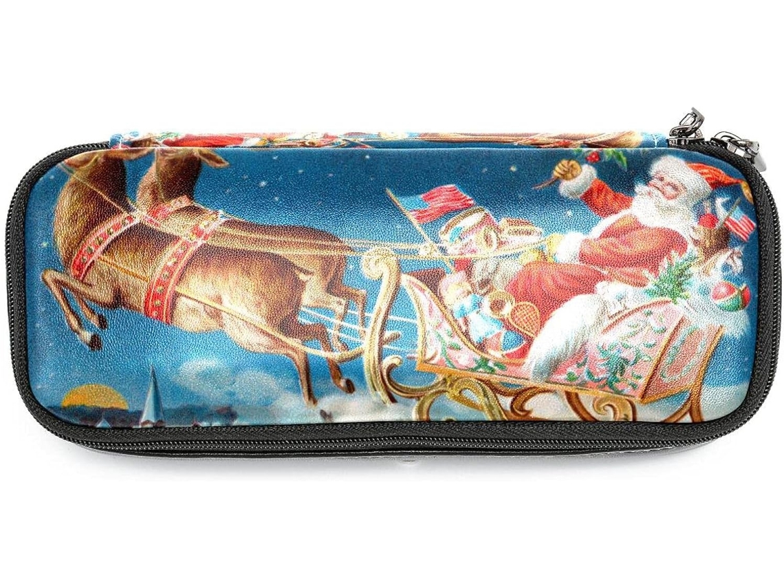 Caixa organizadora grande com estampa de Papai Noel e Renas, ideal para canetinhas, lápis e itens de maquiagem.