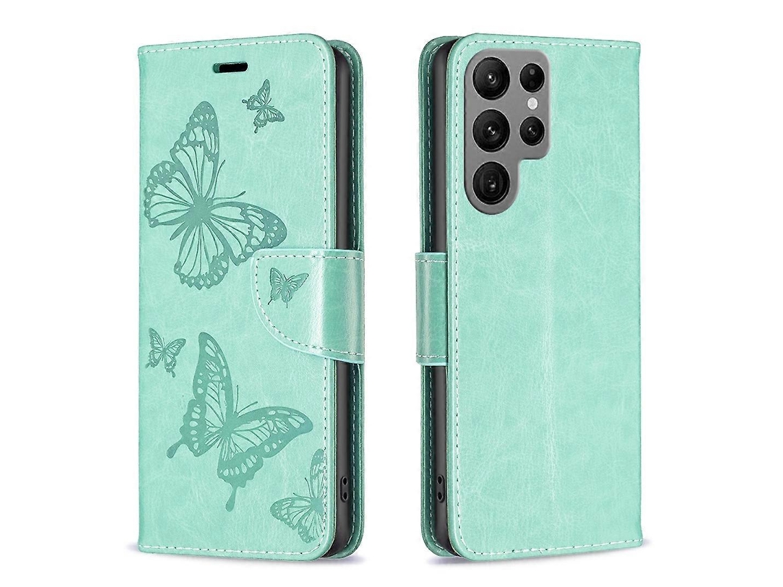 Capa De Couro Com Estampa De Duas Borboletas Em Relevo Para Samsung Galaxy S23 Ultra 5g