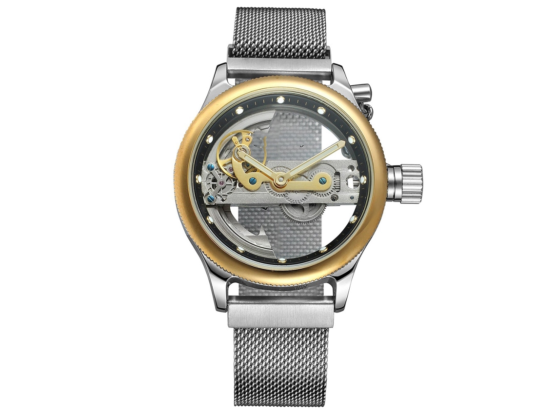 Relógio automático masculino de luxo Forsining com pulseira de aço inoxidável nas cores preto e dourado.