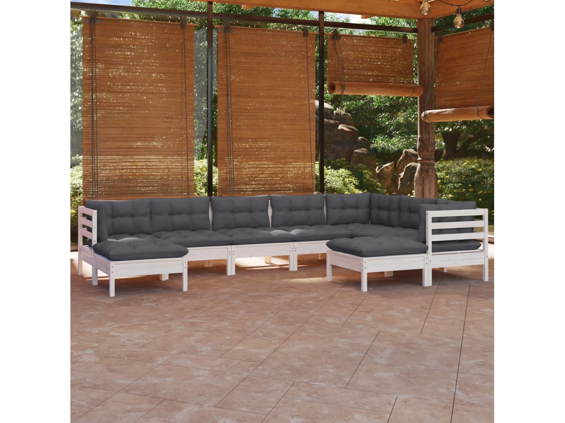 Vidaxl 9 Pcs Conj. Lounge De Jardim C/ Almofadões Pinho Maciço Branco