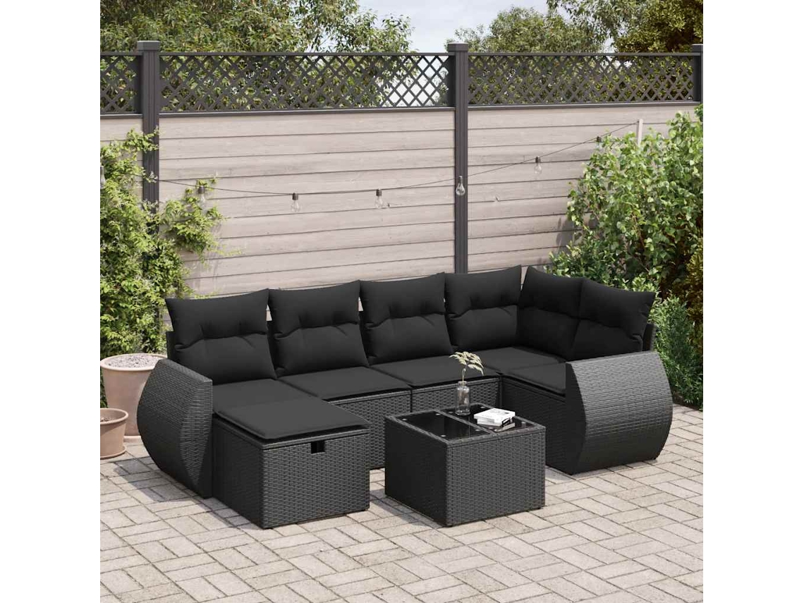 Vidaxl 7 Pcs Conjunto De Sofás P/ Jardim C/ Almofadões Vime Pe Preto