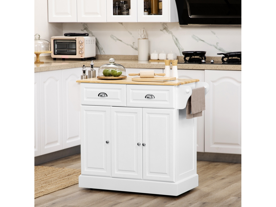 Carrinho Cozinha Móvel Branco Rodas 110x45x89 Cm 2 Gavetas 3 Portas ZIWEI STORE