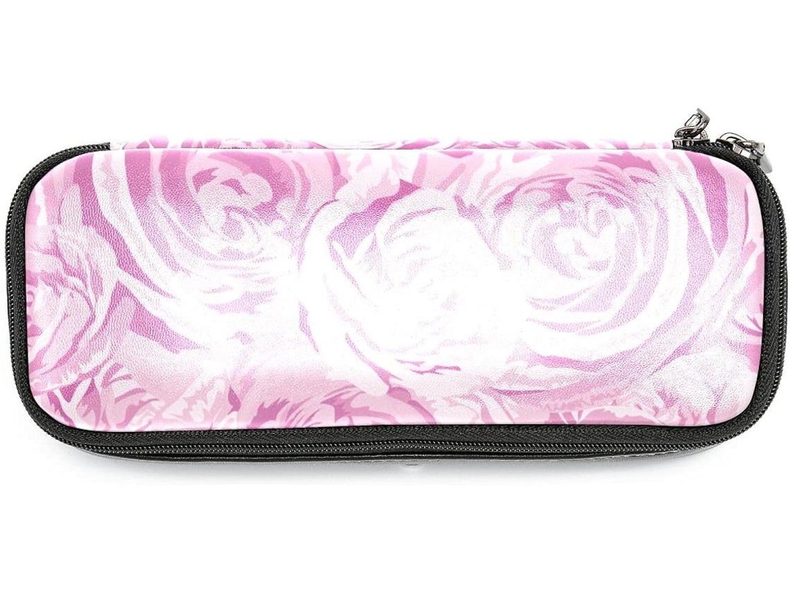 Conjunto de papelaria grande rosa com lápis, marcadores e maquiagem com estampa de rosas, ideal para escola, mesa, adultos e crianças.