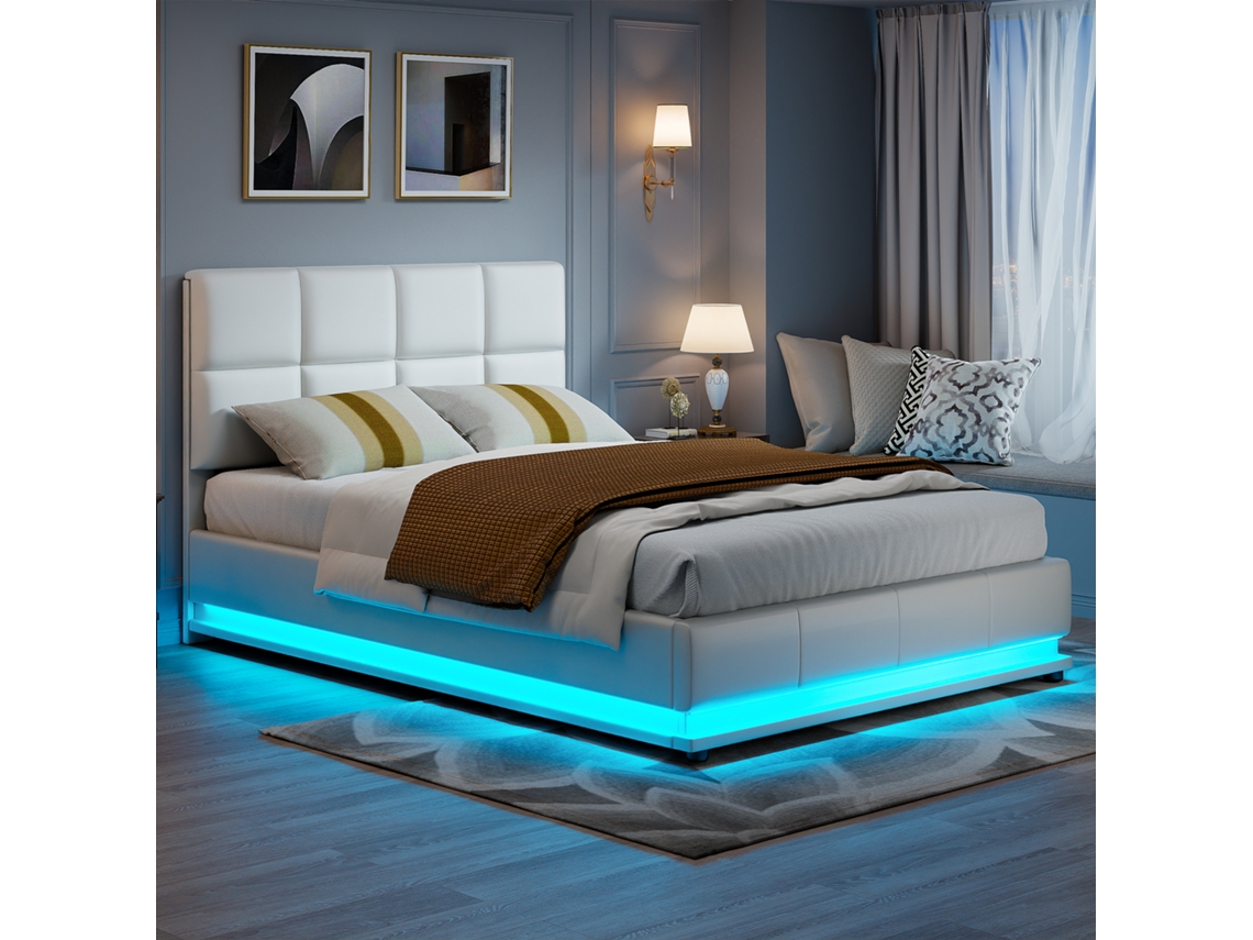Cama De Casal 140 X 190 Cm, Cama Estofada Com Led, Estrado Elevatório, Para Adolescentes E Adultos, Branco Pu Rosahqnda