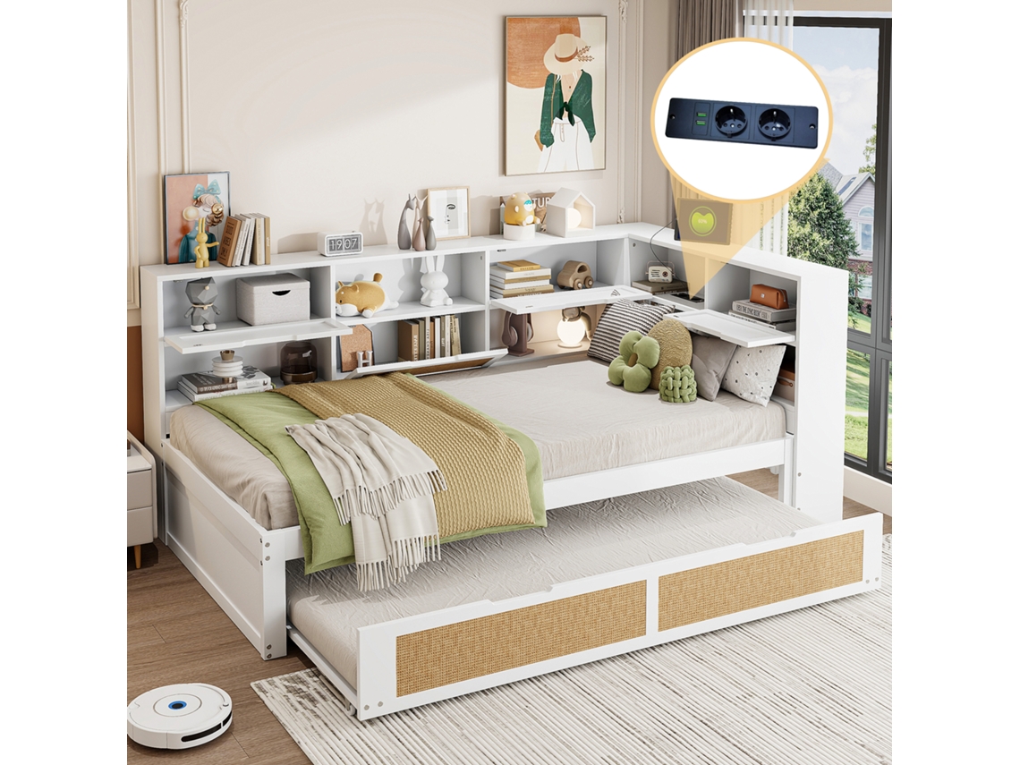 Sofá-cama Madeira 90*200cm, Branca, Cama Trundle, Armazenamento+usb-op