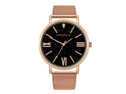 Relógio de pulso masculino casual com pulseira de liga metálica, mostrador redondo, numerais romanos, cor ouro rosa.