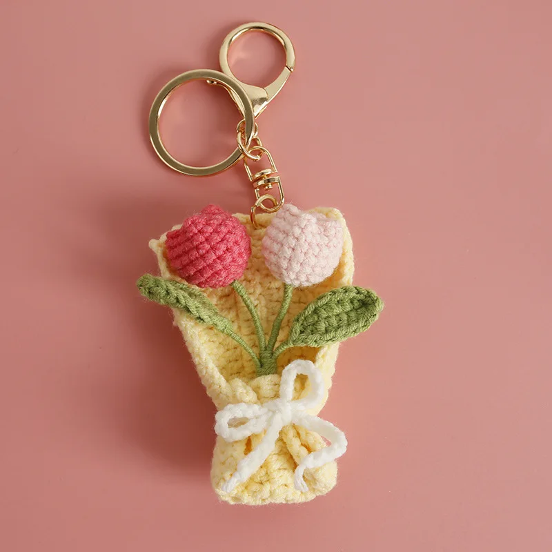 (8 Cm) Novo Chaveiro Com Pingente De Buquê De Crochê Com Flores Trançadas