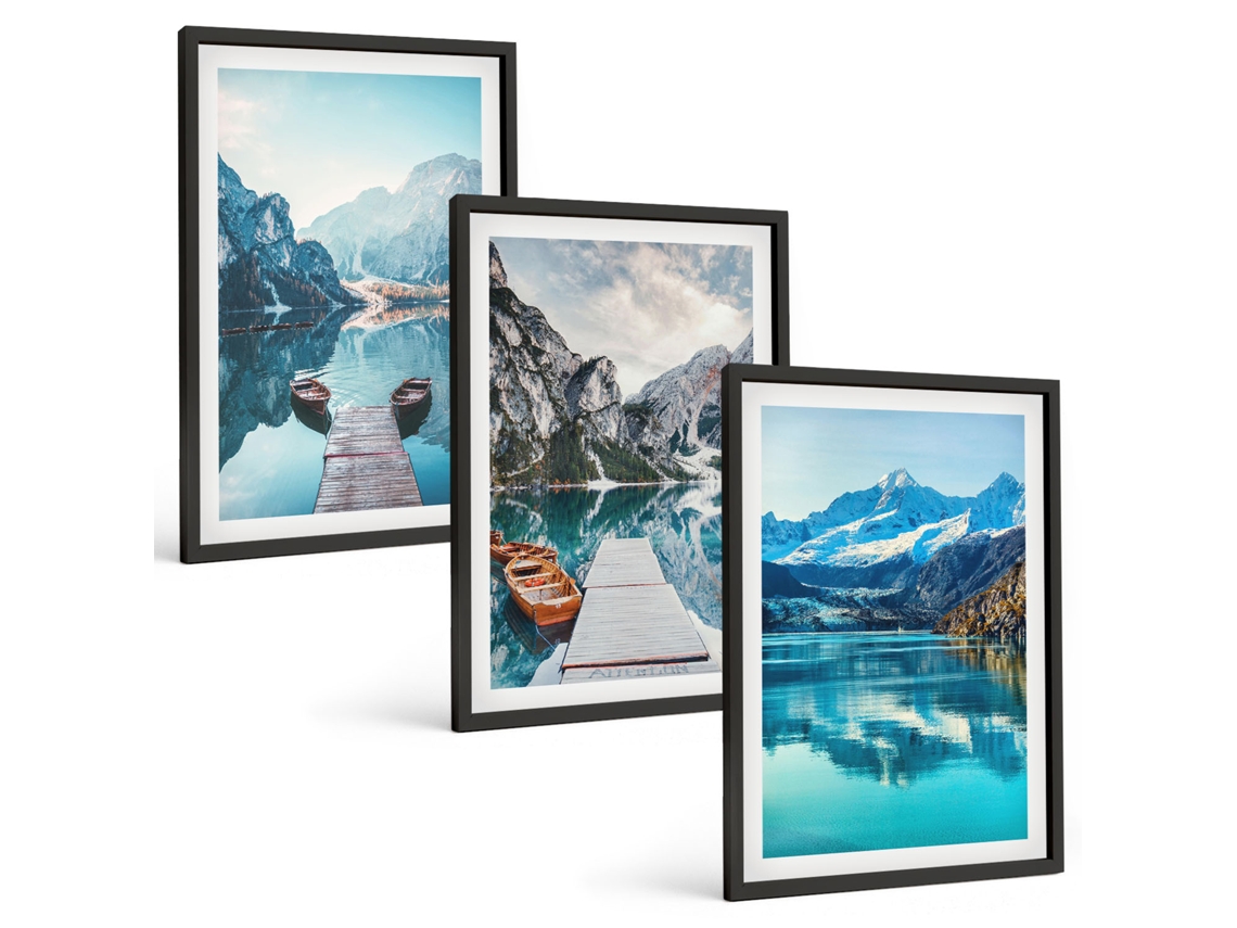Composição De Quadros Na Parede Lagos De Montanha, Barcos, Reflexo Moldura Preta Fotos Para O Escritório Espelharte (3 Piezas De 40x60 Cm)