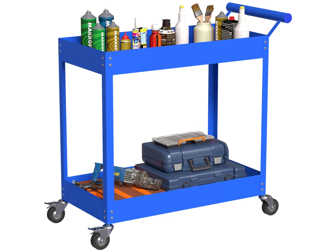 Carrinho de Oficina de 2 Andares. Alça Lateral e Rodízios Trancáveis. 84,5x38x84cm. Azul Ge