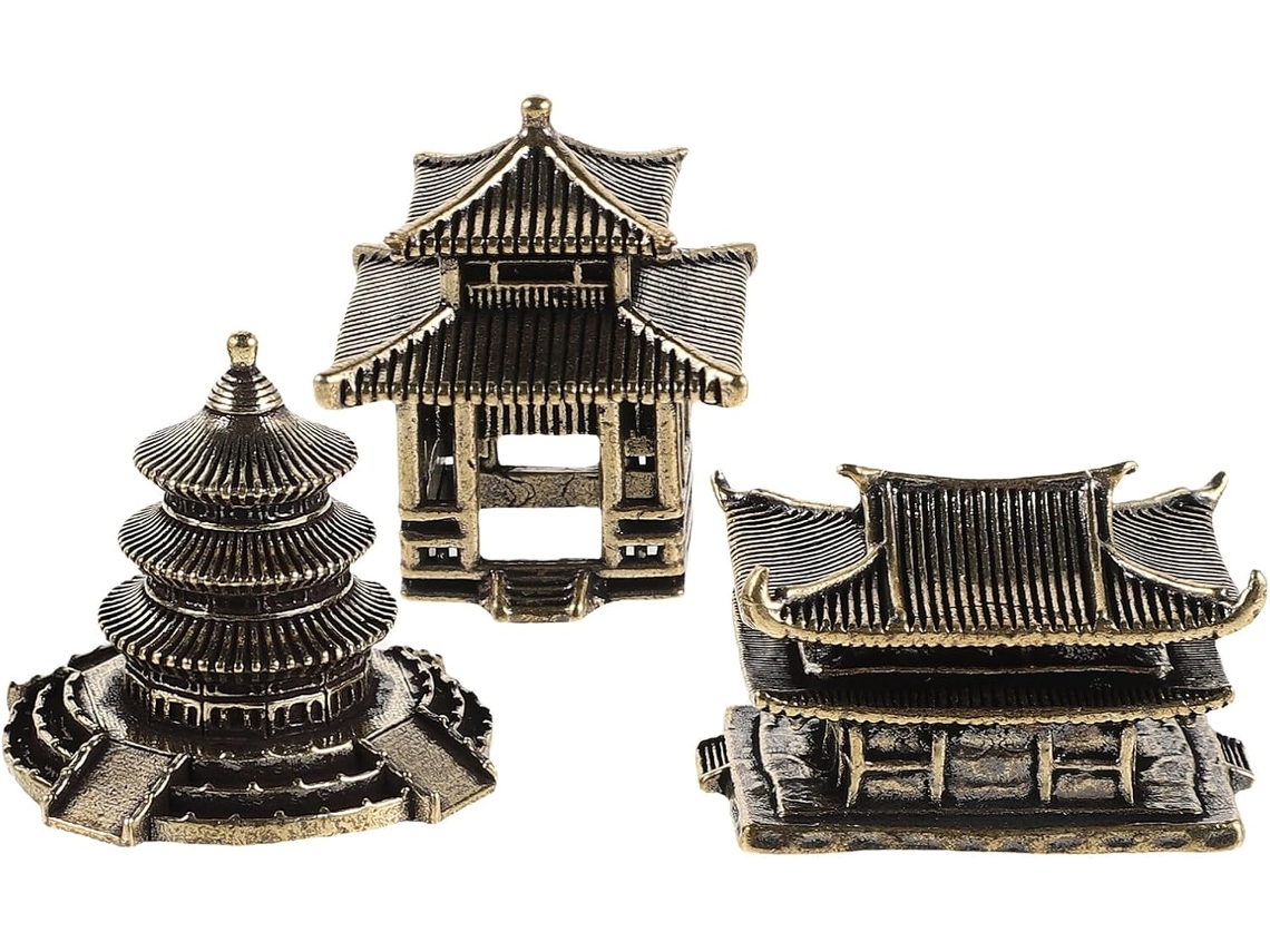 Conjunto 3 Esculturas Cobre Pagodes Metal Dourado Decoração Quarto Ornamento Jardim Fadas Estatueta Pavilhão GOKOCO