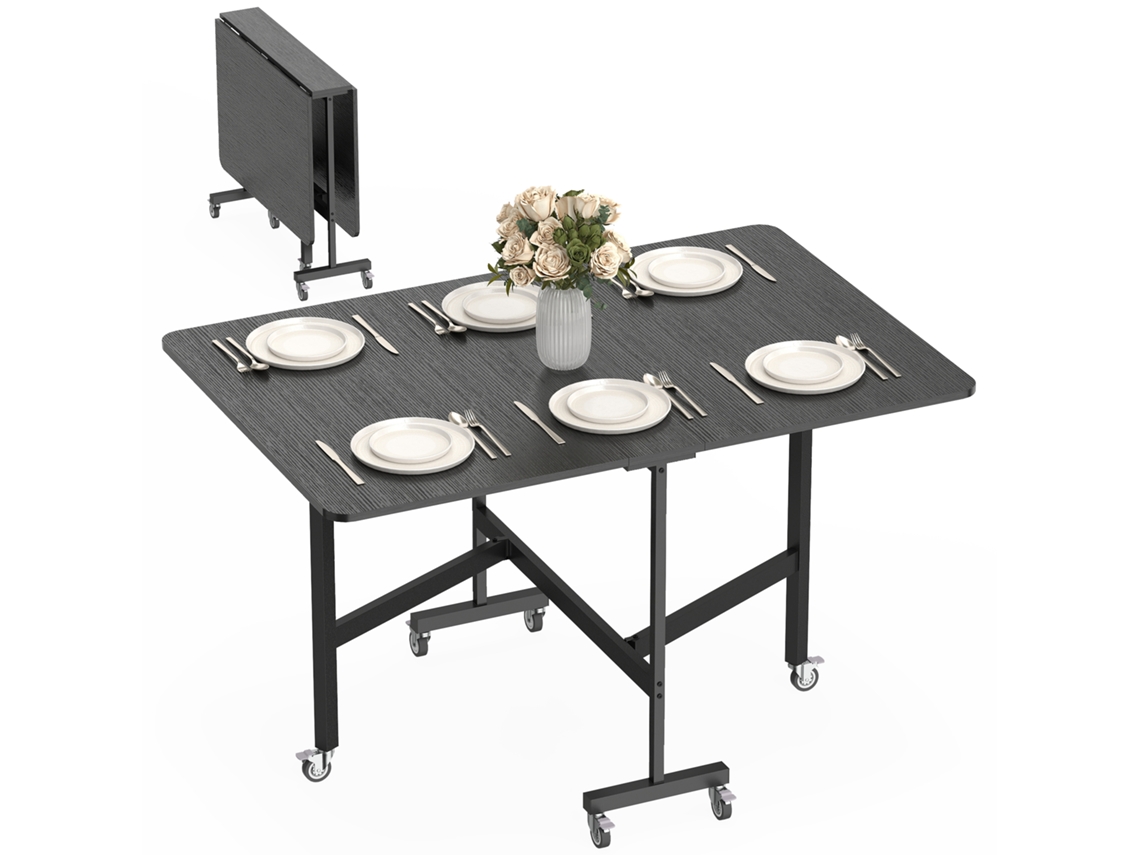 Mesa de Jantar/cozinha Dobrável para 4 a 6 Pessoas com 6 Rodas, Mesa Dobrável Móvel para Espaços Pequenos, 120x80x73 Cm, Preta ESSÊNCIACASA