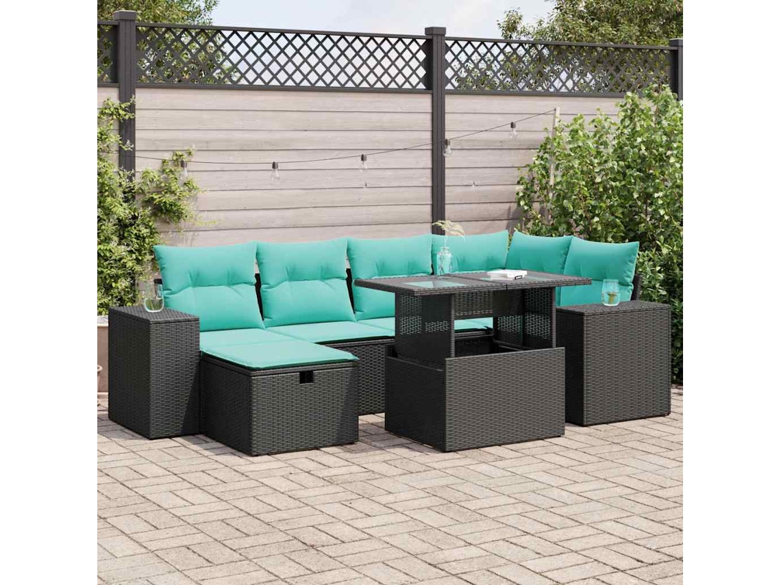 Vidaxl 7 Pcs Conjunto Sofás Jardim Almofadões Vime Pe/acácia Cinzento