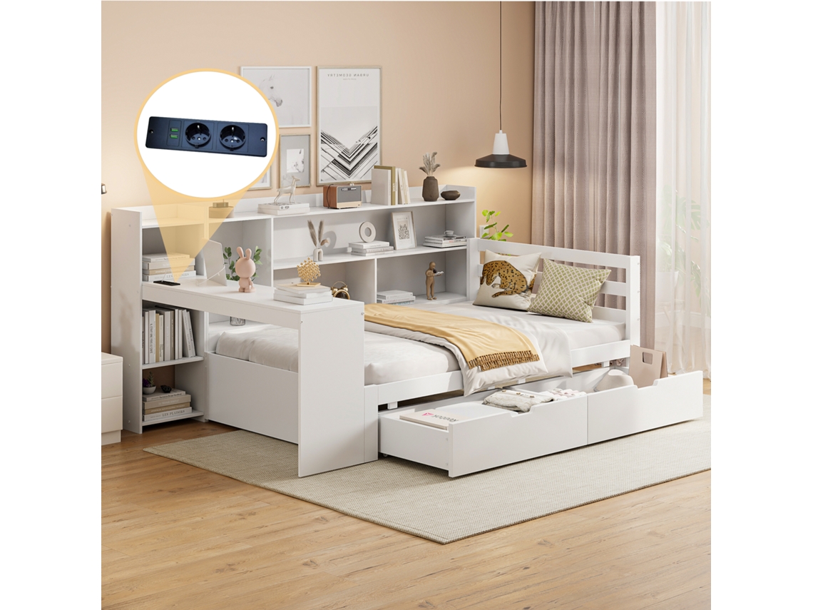 Sofá De Madeira Maciça 90x200 Cm Com Mesa Prateleiras Tomada Branco
