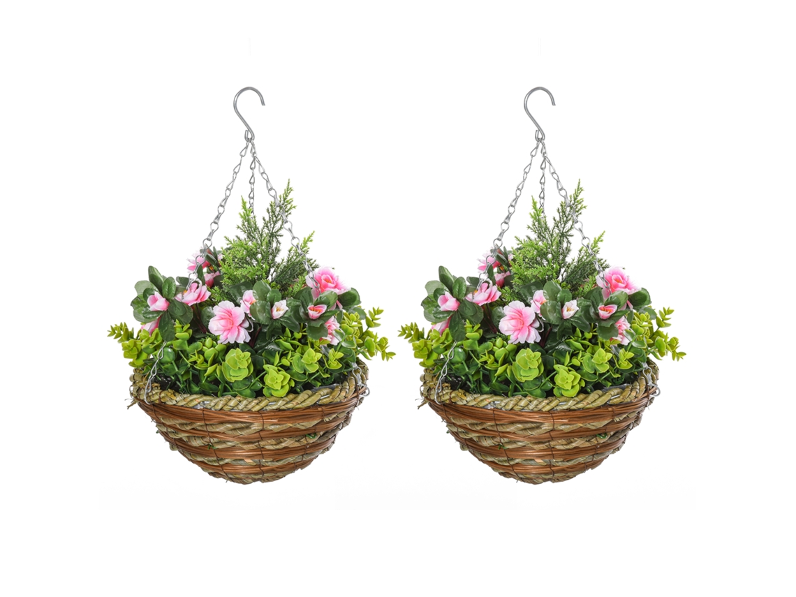 Conjunto de 2 Plantas Falsas de Lisianthus com Vaso e Gancho, Plantas Artificiais de Pe e Vime, Ø, e 25x34 Cm Verde Rosa