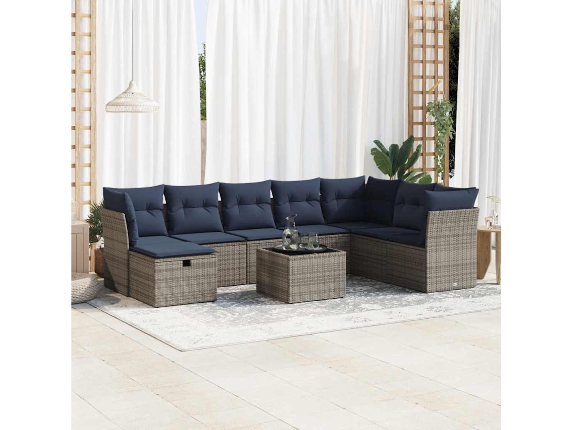 Vidaxl 9 Pcs Conjunto Sofás P/ Jardim Com Almofadões Vime Pe Cinzento