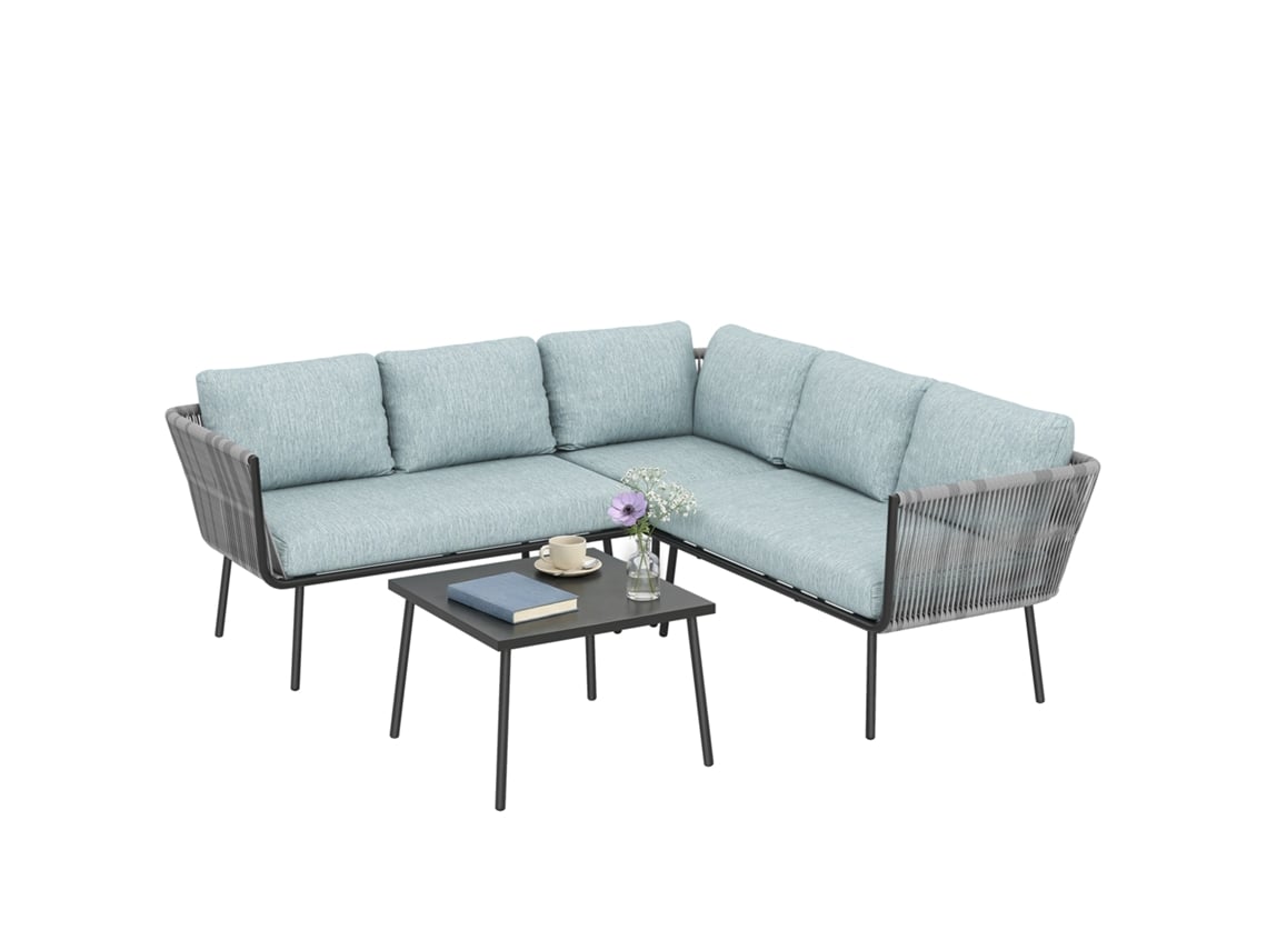 Conjunto Ratã Externo, Sofá Canto Com Almofadas E Mesa Centro, Azul Claro.
