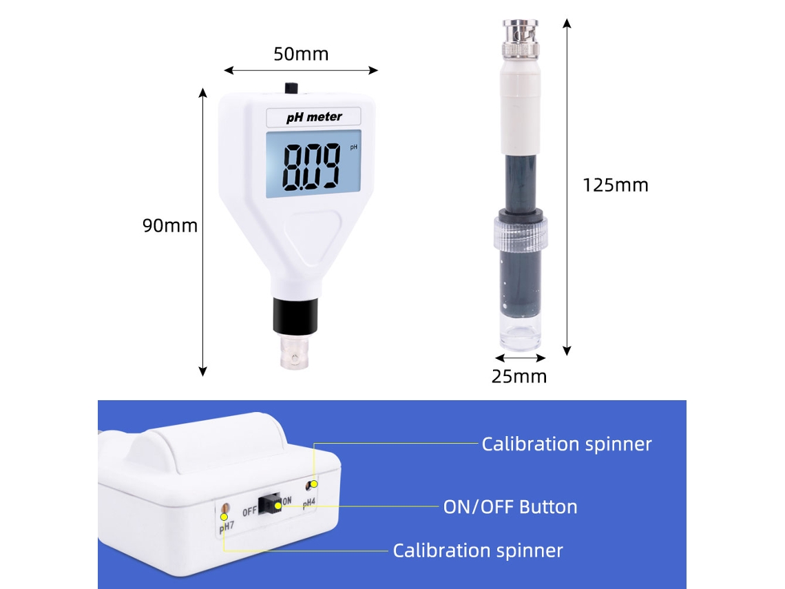Medidor de pH digital portátil multifuncional para pele, solo e alimentos com sonda intercambiável.