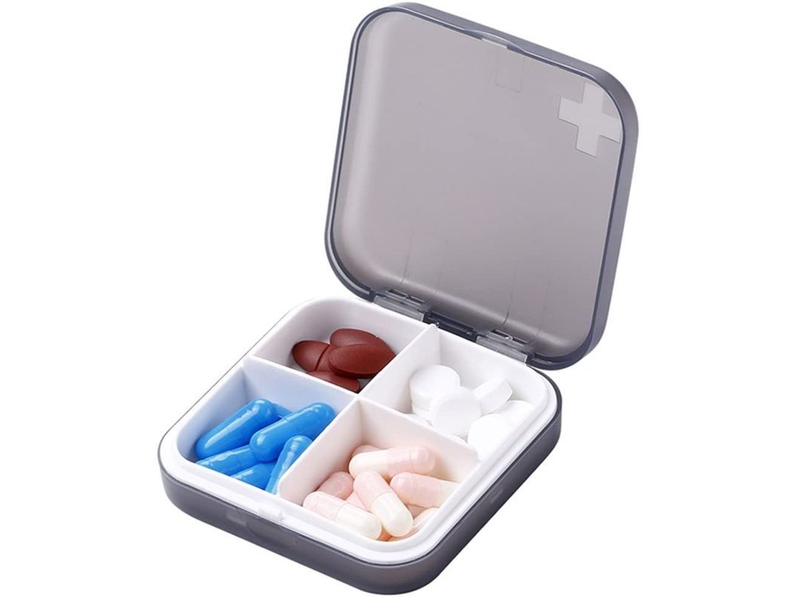 Organizador de Pílulas Portátil Pequeno para Bolsa Ou Bolso com 4 Compartimentos Cinza