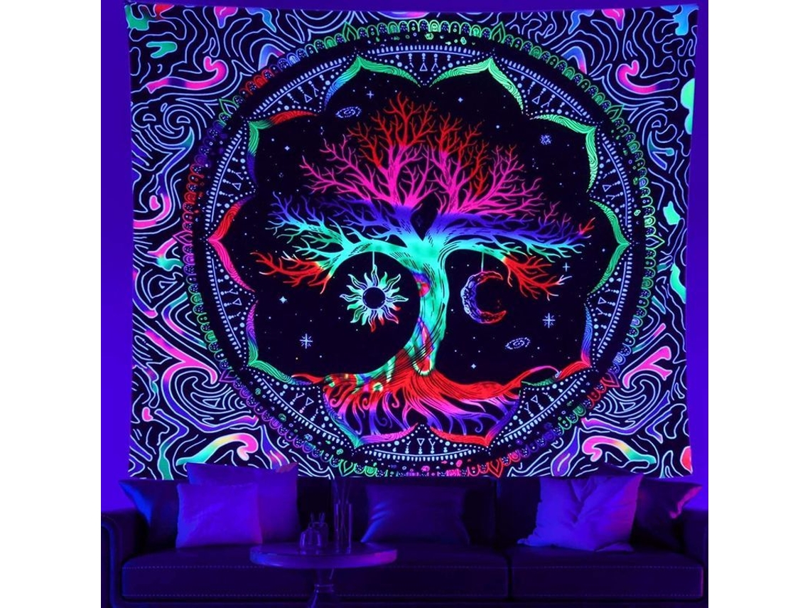 Tapiz Árbol De La Vida Mandala Sol Y Luna, Decoración Pared Reactiva Uv Hippie
