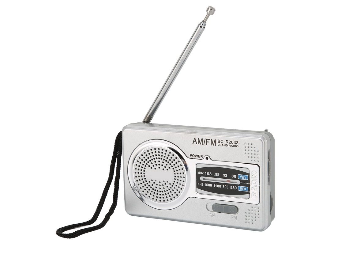 Radio portátil de bolsillo am/fm de transistores con altavoz y conector para auriculares color gris plateado