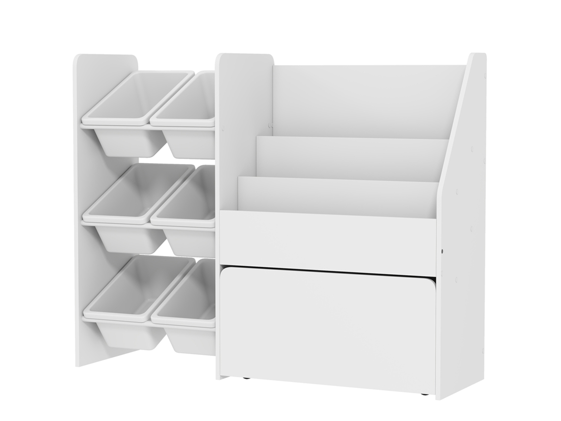 Estante Infantil Para Brinquedos Com 6 Caixas Removíveis 3 Prateleiras Abertas E Gaveta Inferior Com Rodas 100x30x80 Cm Branco