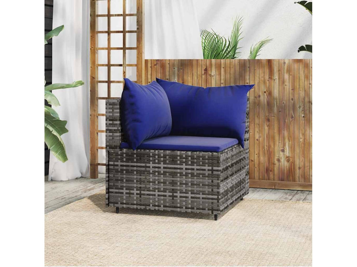 Vidaxl Sofá De Canto Para Jardim Com Almofadões Vime Pe Cinzento