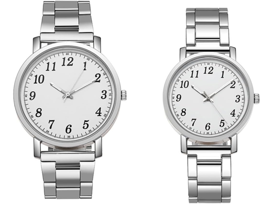 Conjunto de relógios de casal com pulseira de aço e mostrador branco GOKOCO