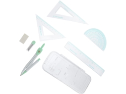 Kit de desenho com régua e compasso em metal e plástico para estudantes, 7 peças, fácil de guardar e com acabamento preciso.