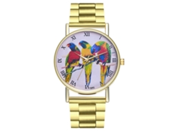 Relógio de pulso unissex com estampa de papagaio colorido, pulseira de aço, movimento de quartzo, Zhoulianfa