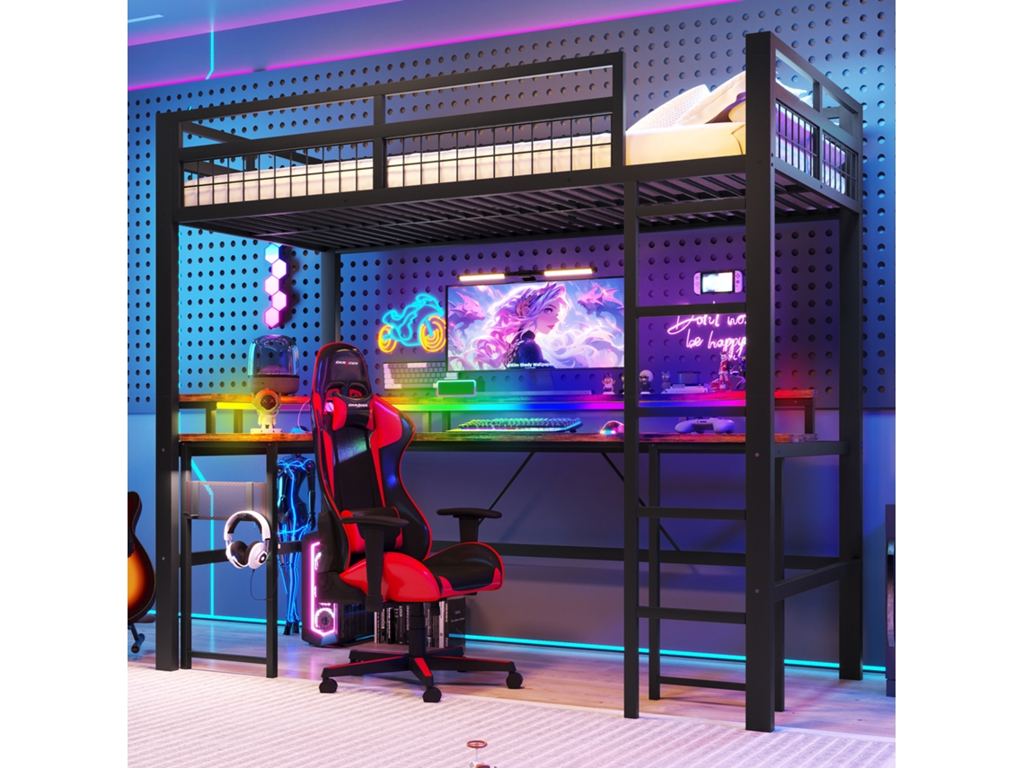 Cama Metal Alta 90x200 Led Rgb Escrivaninha Usb Type-c Tomada