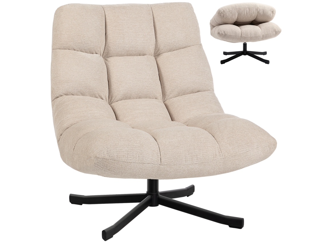 Poltrona Giratória Moderna Estofada Em Chenille Com Assento Largo, Base Em Cruz E Pés De Aço, Cor Creme.