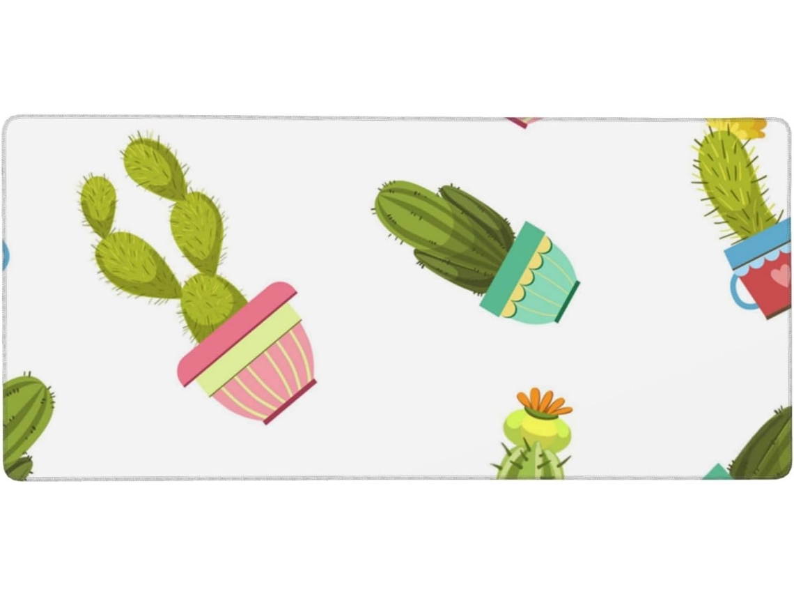Mousepad Grande para Computador com Estampa de Cactos e Suculentas em Vasos, Base Borracha Antiderrapante, 40