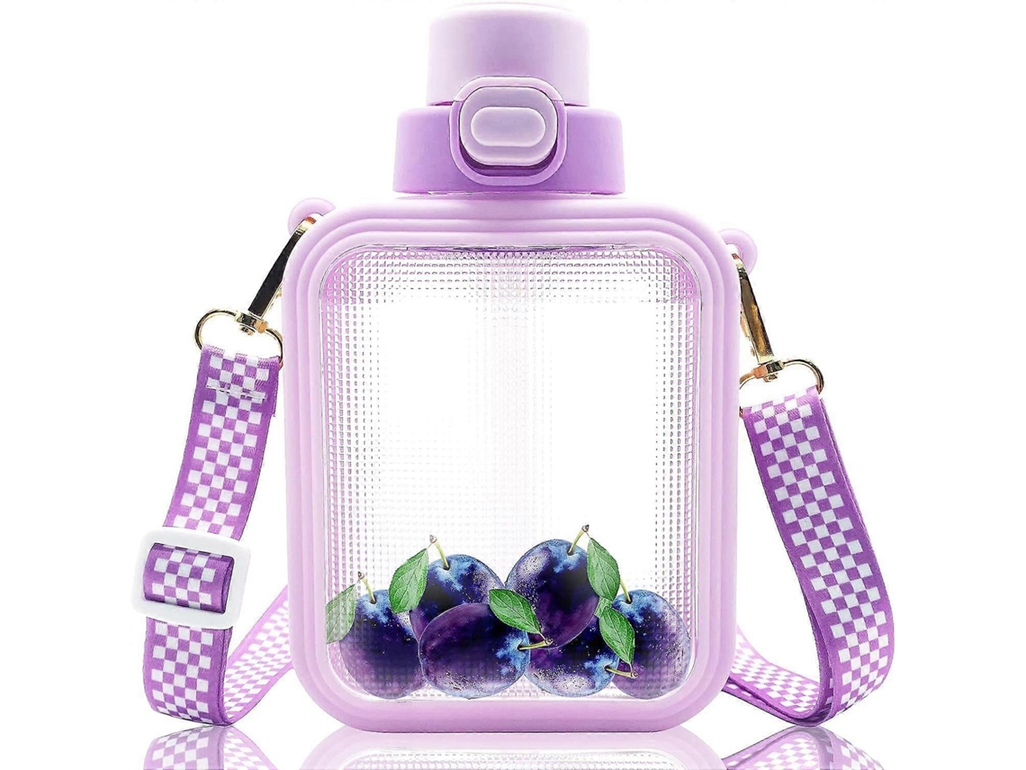 Garrafa De Água Kawaii, Garrafa Quadrada Fofa Com Canudo E Alça Ajustável, Garrafa Esportiva De 750 Ml Para Mulheres PENGDSJE (roxa)