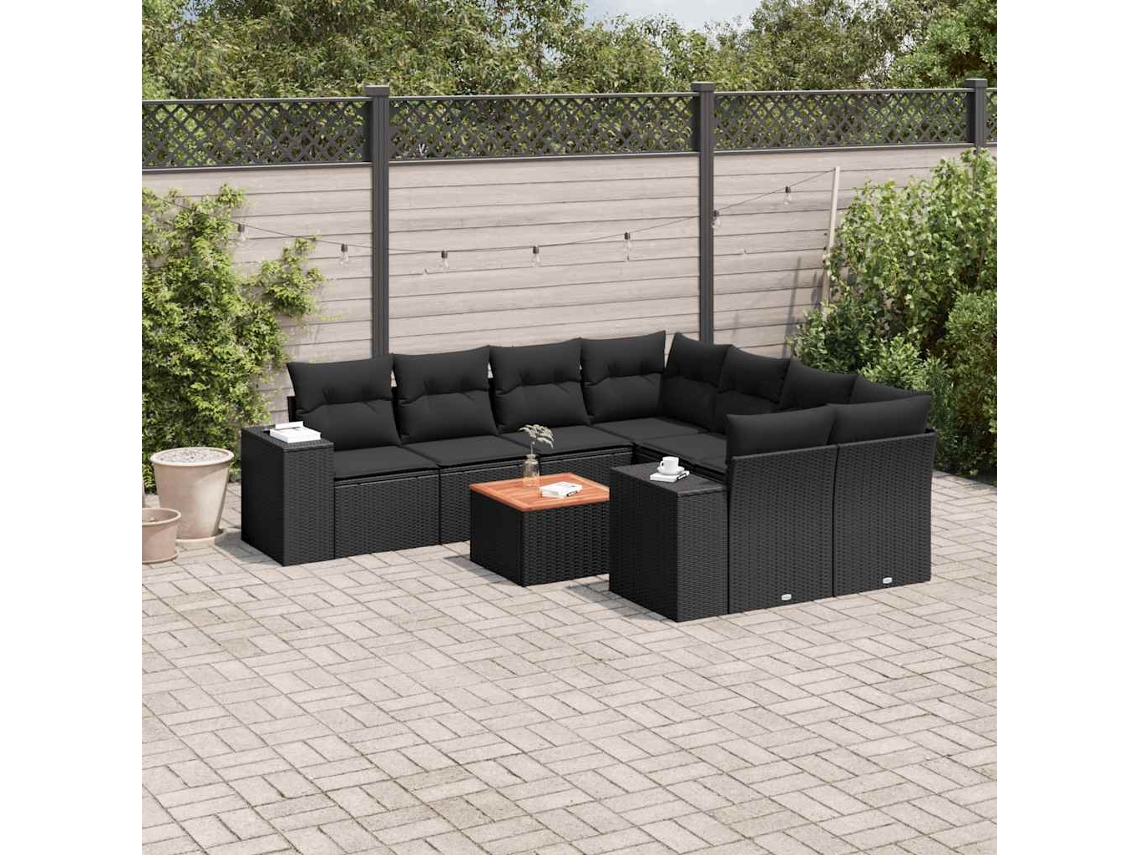Vidaxl 9 Pcs Conjunto De Sofás P/ Jardim C/ Almofadões Vime Pe Preto