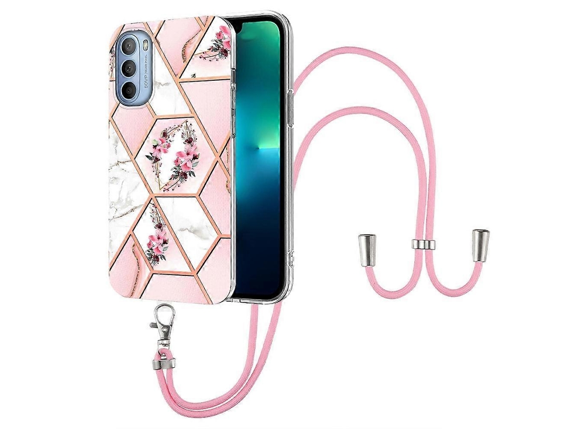Capa De Celular Motorola Moto G31 / G41 Em Tpu Com Estampa Floral Marmorizada E Cordão.