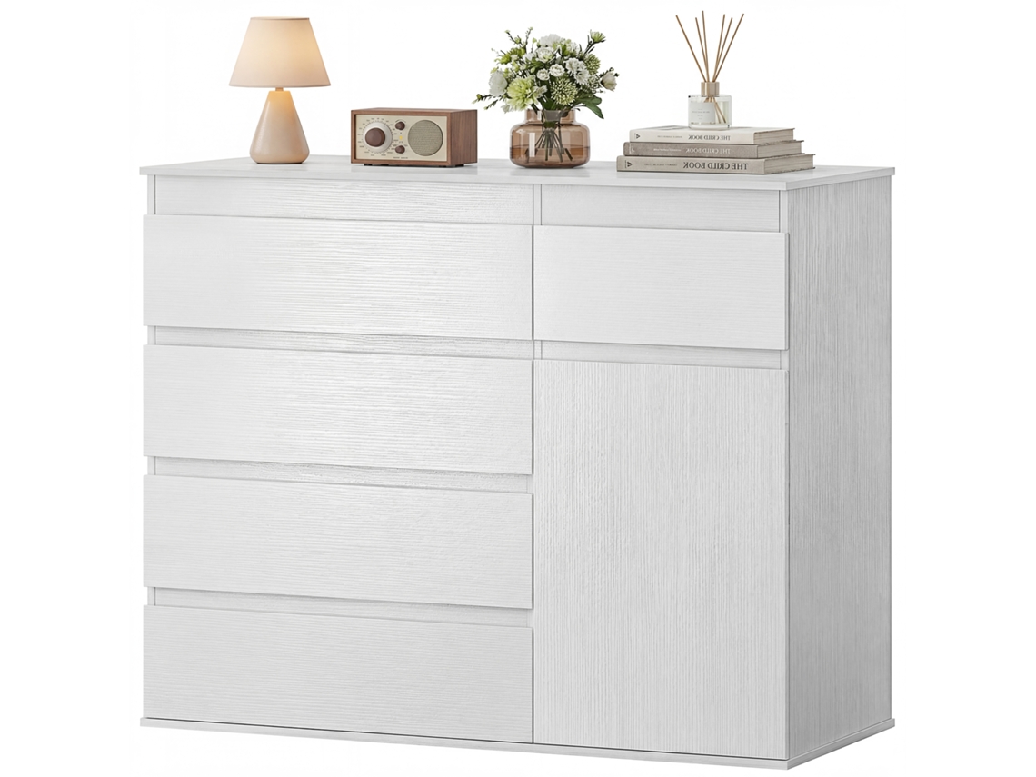 Buffet De Lounge. Armário De Armazenamento Com 5 Gavetas. Prateleira Ajustável E Porta De Fechamento Suave. 100 X 40 X 80 Cm. Branco