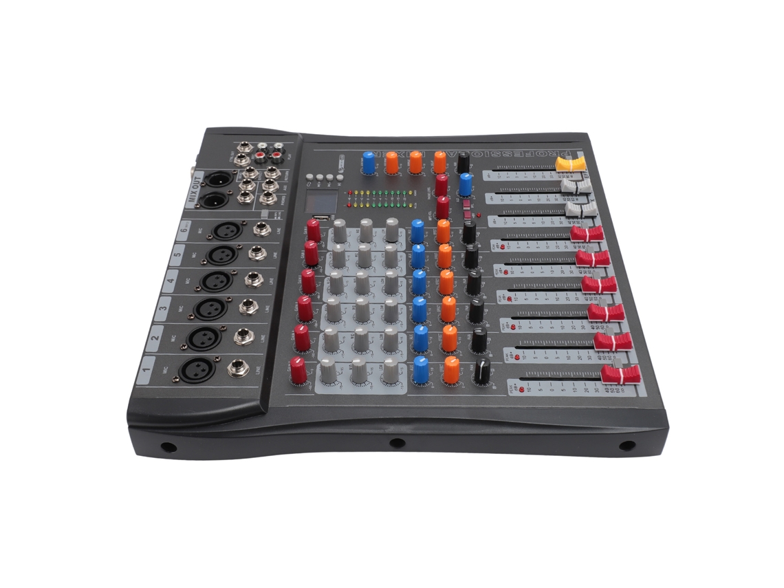 Mixer de 6 canais EOOCOO com amplificador reverb e usb Bluetooth