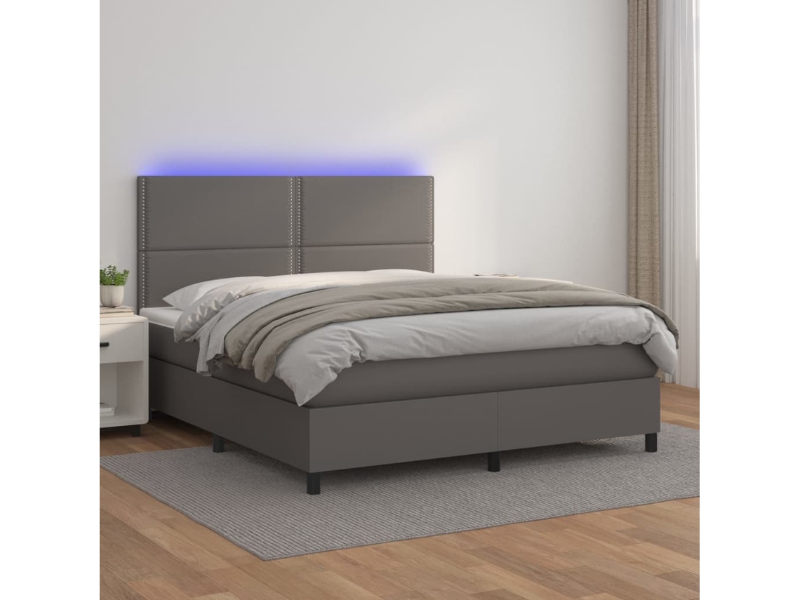 Vidaxl Cama Box Spring C/ Colchão/led 140x190cm Couro Artificial Cinza