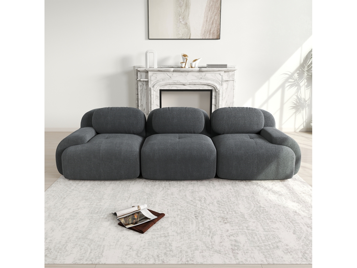 Sofá 3 Lugares Veludo Premium, Modular, Antiderrapante, Braços Ergonômicos, Estofamento Elástico, Cinza.