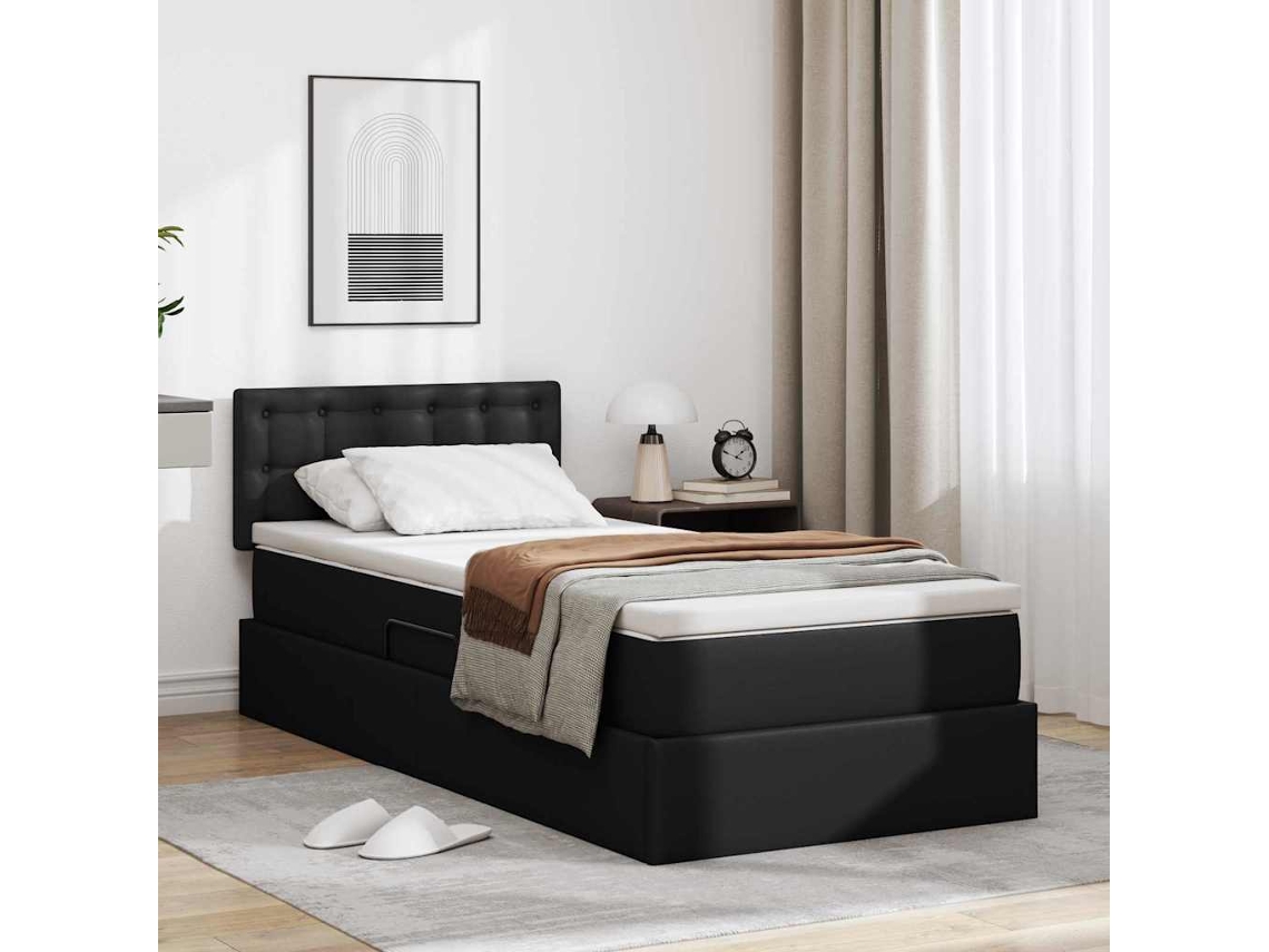 Vidaxl Cama Com Arrumação E Colchão Preto 100 X 200 Cm Couro Sintético