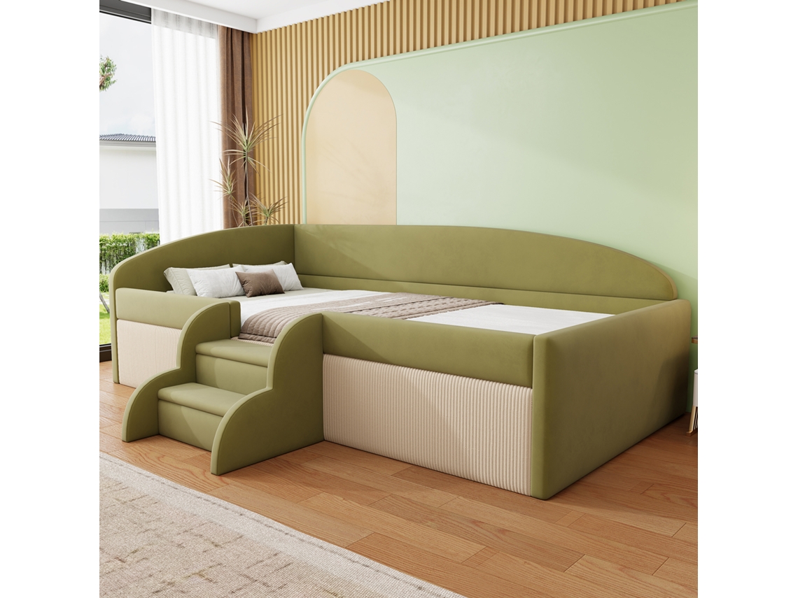 Cama Polster Sofá 90x190cm Multifuncional Verde Escuro Branco Creme