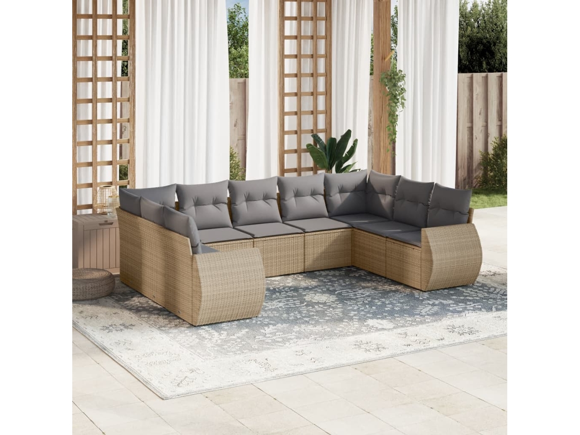 Vidaxl 9 Pcs Conjunto De Sofás P/ Jardim Com Almofadões Vime Pe Bege