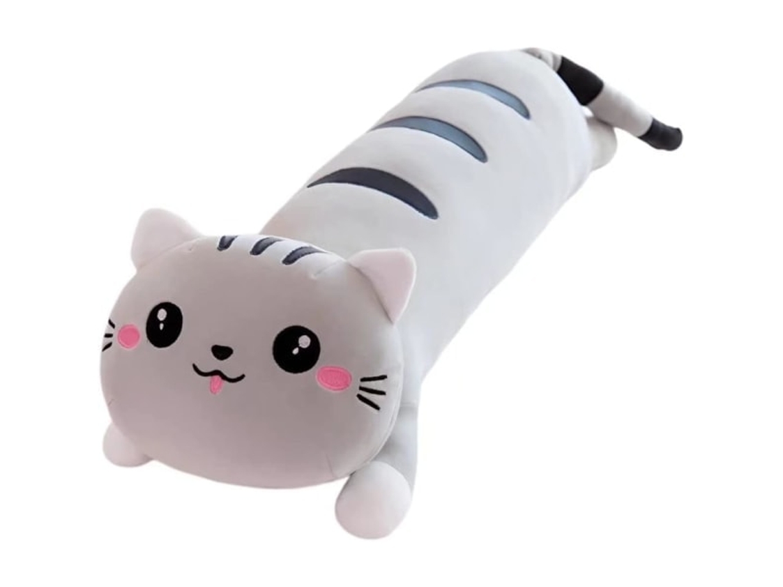 Almofada Longa de Pelúcia em Formato de Gato, Almofada Macia Cinza para Dormir, Gato Comprido AQUAFORGE