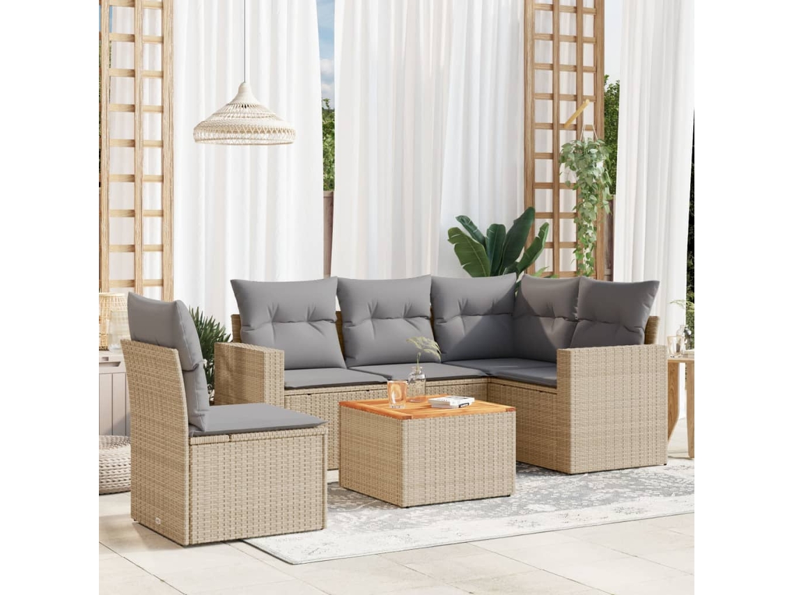 Vidaxl 6 Pcs Conjunto De Sofás P/ Jardim Com Almofadões Vime Pe Bege